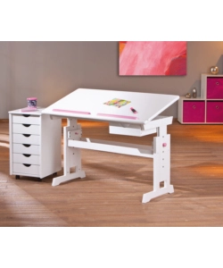 SCRIVANIA IN PINO MASSELLO FINITURA BIANCO ROSA/BLU . PIANO INCLINABILE E STRUTTURA REGOLABILE IN ALTEZZA. DIM. 109X55X64-90H. ARTICOLO IN KIT.